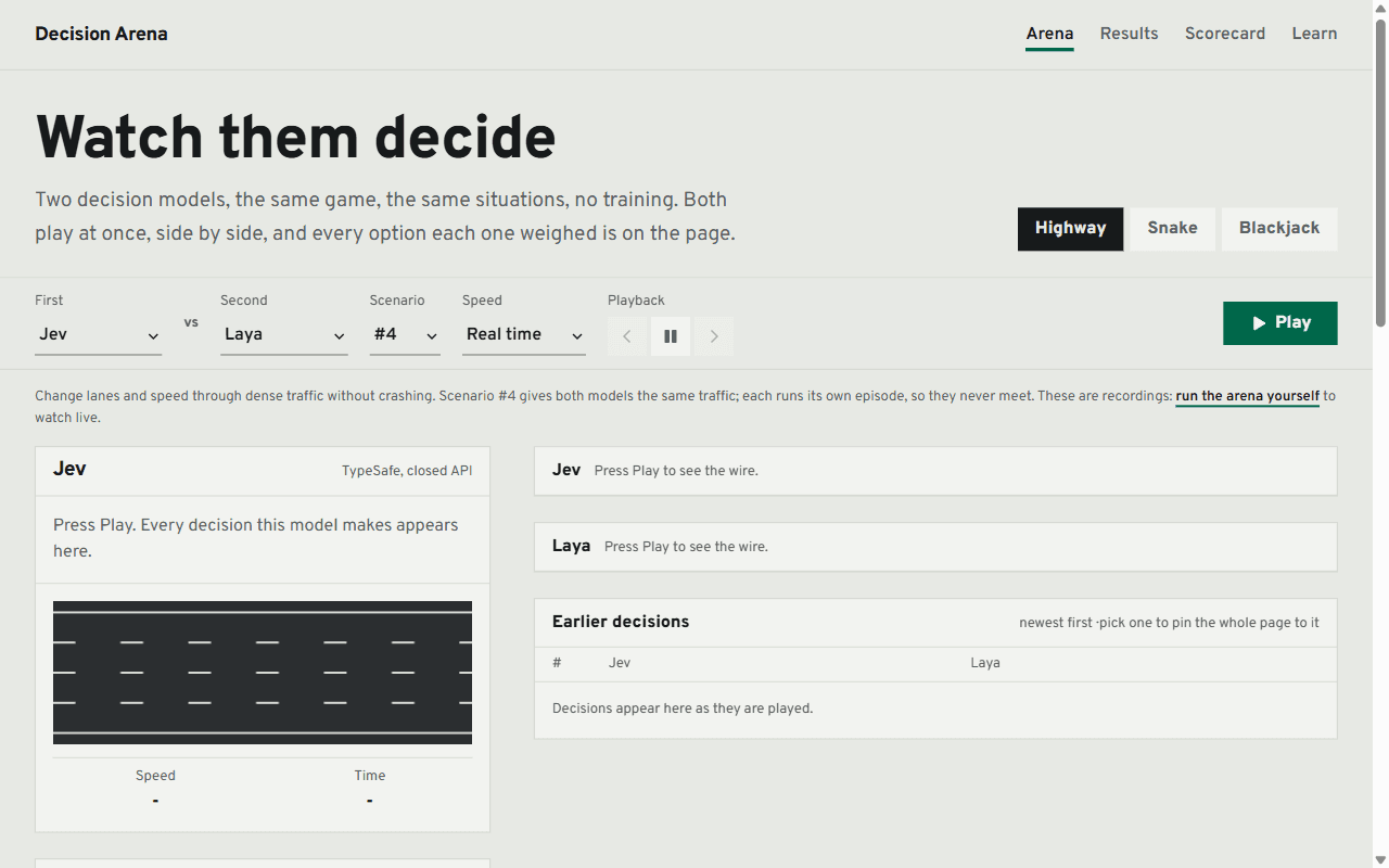 Decision Arena: two decision models set up side by side on the highway scenario