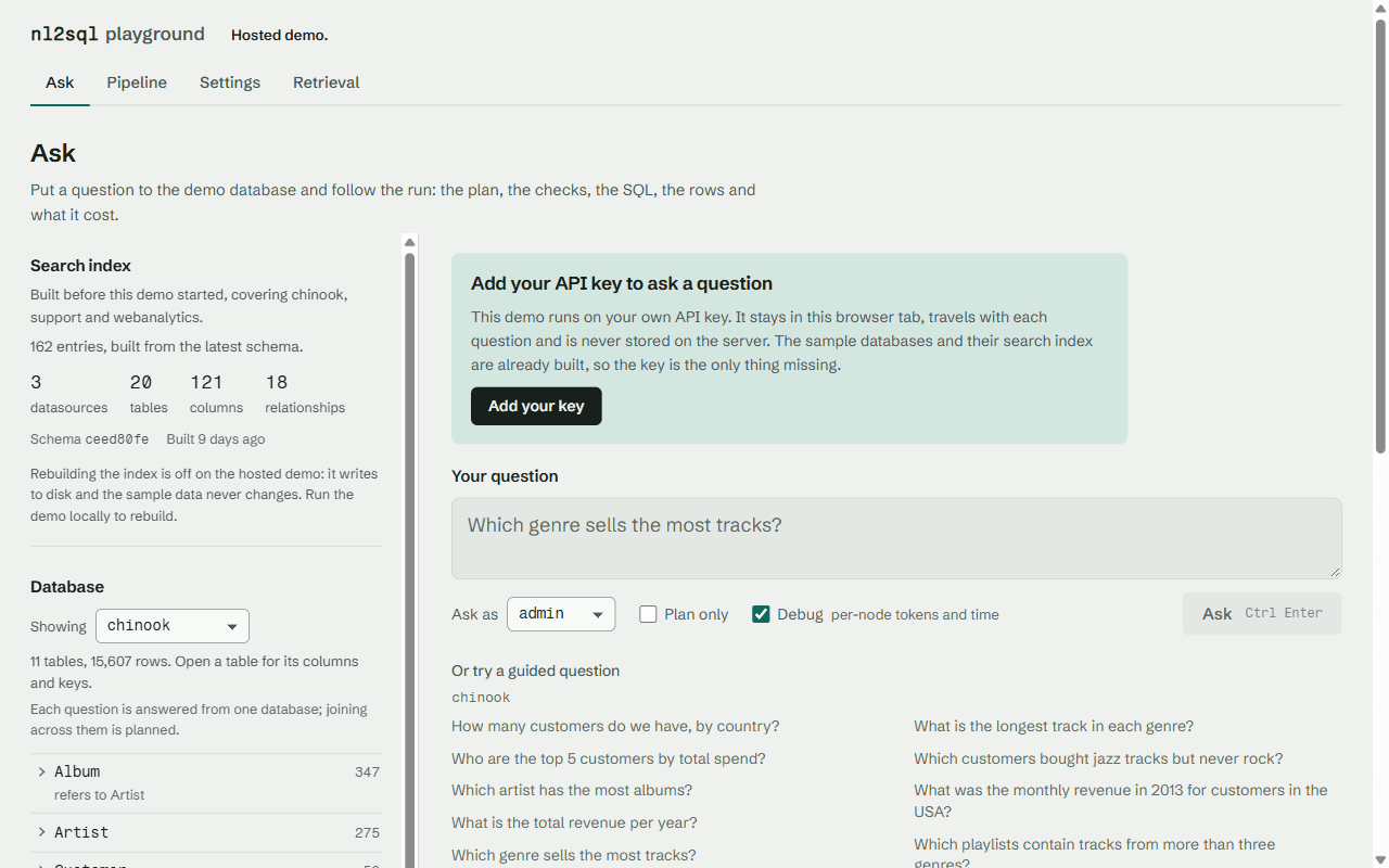 nl2sql playground: the Ask tab with the search index, the sample database and guided questions