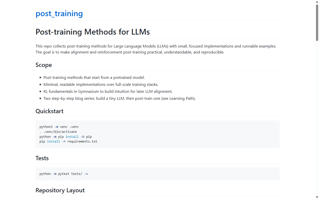 Post-training docs site: the overview page with scope, quickstart and tests
